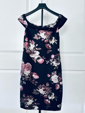 Women’s Premier Amour Off-Shoulder Black Floral Sheath Dress Size 14